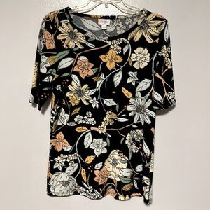 LulaRoe Simply Comfortable T Black White Green Yellow Floral Print Size Large